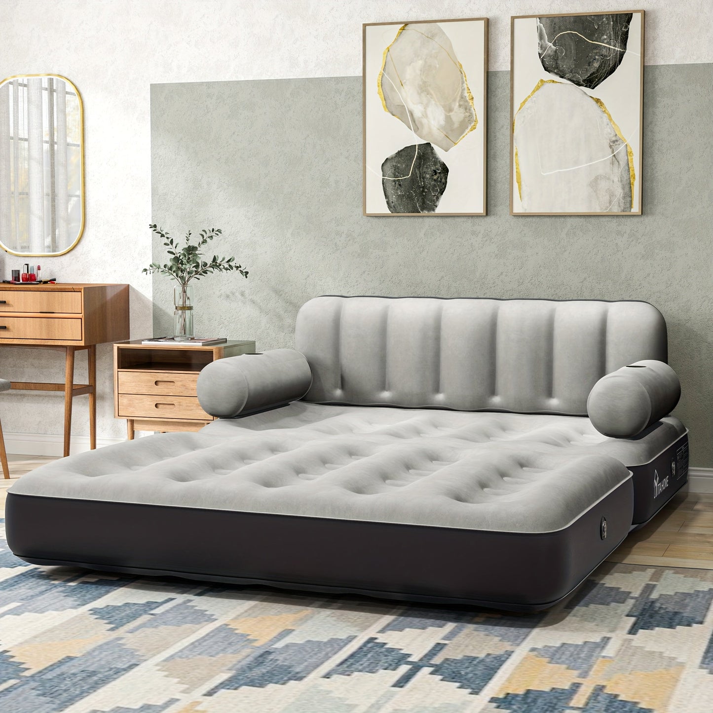 Inflatable Air Sofa Bed 2-in-1 Queen Size – Portable Blow Up Couch & Airbed with Headboard, Cup Holders, External Pump & Storage Bag, 440 lb Capacity for Home, Camping & Guests