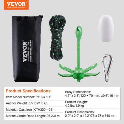 VEVOR Kayak Anchor Kit 3.5 lb Folding 4-Fluke with 26.2 ft Marine Rope, Buoy & Snap Hook - Corrosion-Resistant Paddle Board Anchor for Kayaks, Canoes, SUP & Small Boats