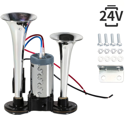 Avertisseur sonore double tube ultra-puissant 130 dB 12 V/24 V – Alliage d'aluminium avec compresseur, installation rapide pour camions, SUV, motos, bateaux et véhicules tout-terrain