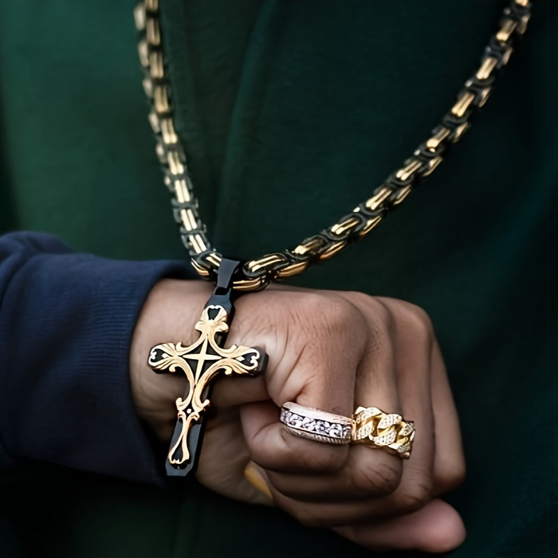 Ensemble de colliers croix en acier inoxydable pour homme, 2 pièces, chaîne cubaine avec pendentif croix, bijoux rétro hip-hop pour homme - Collier imposant, cadeau pour lui, anniversaire, Noël