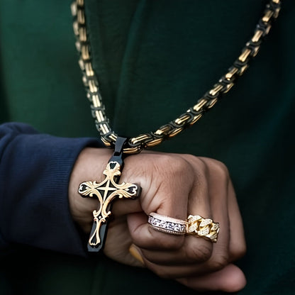 Ensemble de colliers croix en acier inoxydable pour homme, 2 pièces, chaîne cubaine avec pendentif croix, bijoux rétro hip-hop pour homme - Collier imposant, cadeau pour lui, anniversaire, Noël