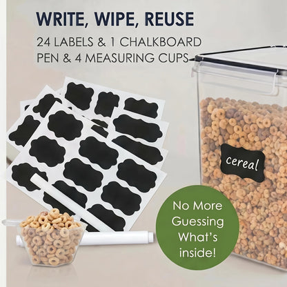 Lot de 4 grands récipients alimentaires hermétiques avec couvercles – Boîtes en plastique sans BPA de 5,2 L pour farine, sucre, riz et ingrédients de pâtisserie – Inclut des tasses à mesurer et 24 étiquettes, noir