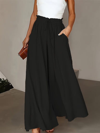 Women's High-Waist Wide-Leg Pants – Elegant Loose Fit Solid Color Flowy Trousers with Pockets for Spring Summer Office Casual