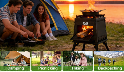 Réchaud de camping portable à bois avec ciseaux barbecue - Poêle de randonnée léger et kit de grill de pique-nique pour le voyage et le camping