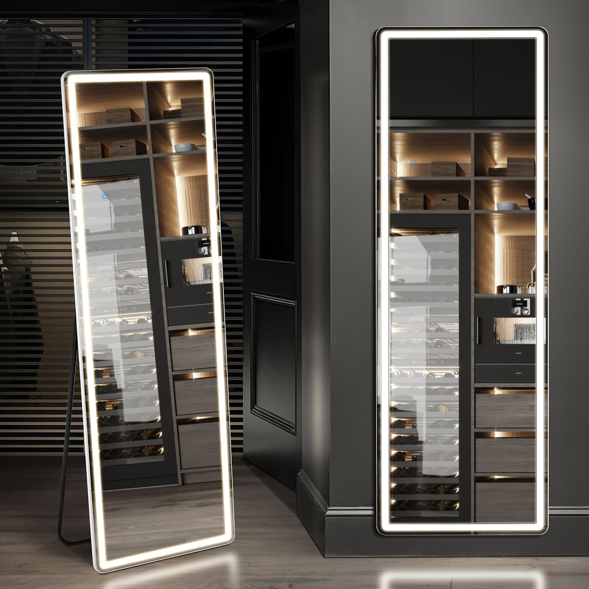 Miroir sur pied pleine longueur avec lumières LED - Sommet arqué et rectangulaire, cadre en aluminium, miroir habillage sur pied de 180 cm pour chambre et salon, noir or blanc, verre trempé de 5 mm