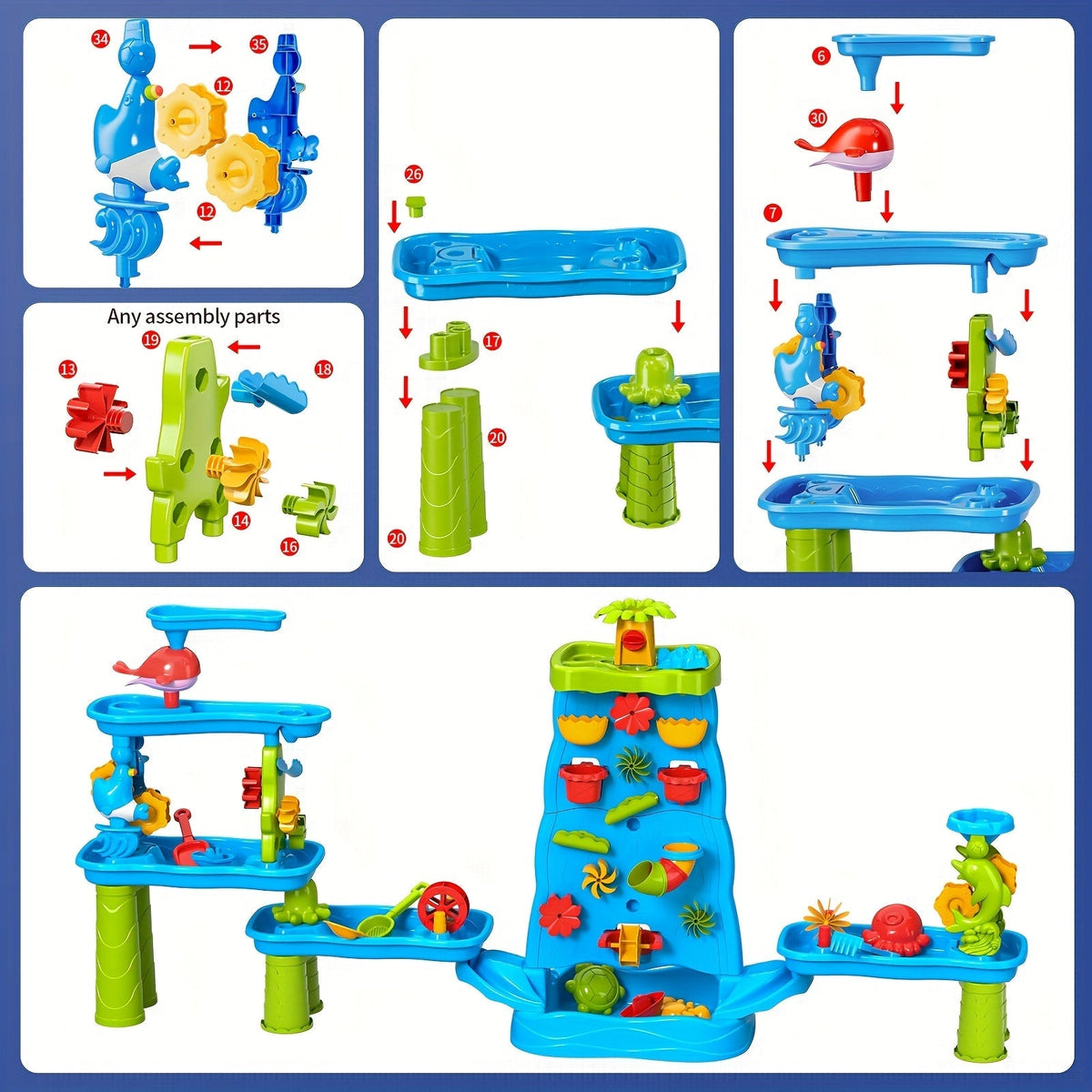 Table de jeu double face eau et sable pour enfants avec mur de labyrinthe à cascade – Table de jeu sensoriel d'extérieur pour tout-petits, garçons et filles – Station d'activité estivale de plage pour le jardin, la terrasse et la piscine