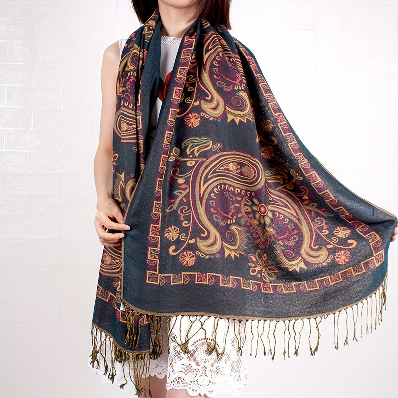 Écharpe châle en jacquard cachemire à motif cachemire avec franges pour femme, style bohème ethnique, accessoire doux et chaud pour le voyage, les festivals ou le quotidien, 8 couleurs