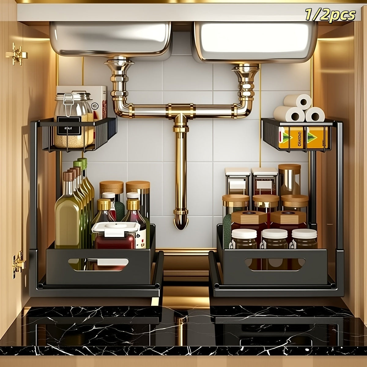 Organisateur sous évier à 2 niveaux, tiroir coulissant en métal pour rangement de cuisine, salle de bain ou plan de travail, accessoires de rangement et étagère.