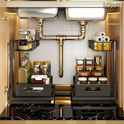 Organisateur sous évier à 2 niveaux, tiroir coulissant en métal pour rangement de cuisine, salle de bain ou plan de travail, accessoires de rangement et étagère.