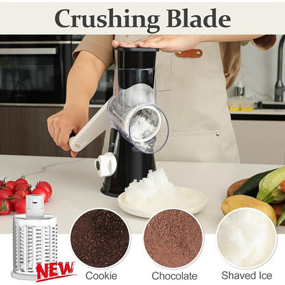 Râpe à fromage rotative manuelle avec 3 lames interchangeables - Base à ventouse antidérapante, brosse de nettoyage incluse, pour fromage frais, légumes et noix, cadeau d'ustensile de cuisine