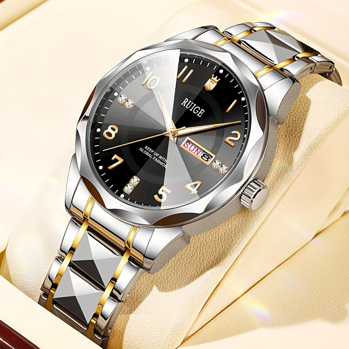 Montre à quartz pour homme RUIGE – Veilleuse, double calendrier, cadran à facettes façon diamant, boîtier en acier inoxydable, bracelet en alliage, montre-bracelet business décontracté, cadeau idéal pour la fête des pères