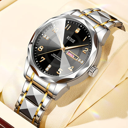 Montre à quartz pour homme RUIGE – Veilleuse, double calendrier, cadran à facettes façon diamant, boîtier en acier inoxydable, bracelet en alliage, montre-bracelet business décontracté, cadeau idéal pour la fête des pères