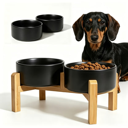 Ensemble de gamelles surélevées en céramique pour chien avec support en bambou - Double gamelle surélevée antidérapante de 850 ml pour chiens, chats et chiots, gamelle anti-glouton à hauteur réglable avec rangement (4 couleurs)