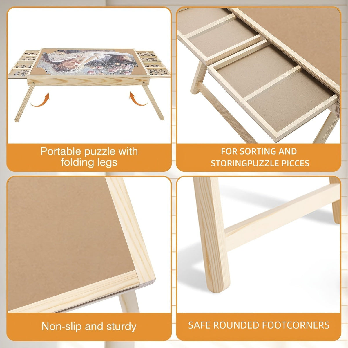 Table à puzzle en bois avec pieds pliables – 4 tiroirs et 16 grilles de tri pour puzzles de 1000 pièces | Plateau de puzzle portable pour rangement et organisation, fournitures scolaires et de maison