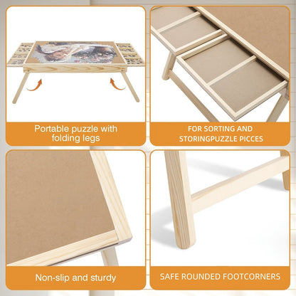 Table à puzzle en bois avec pieds pliables – 4 tiroirs et 16 grilles de tri pour puzzles de 1000 pièces | Plateau de puzzle portable pour rangement et organisation, fournitures scolaires et de maison