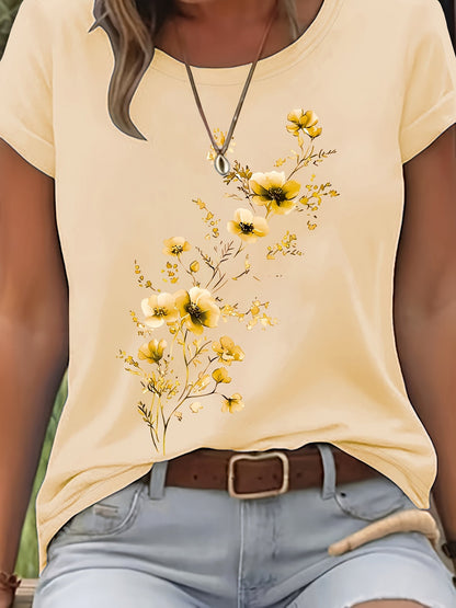 T-shirt pour femme à motif floral aquarelle – Haut décontracté élégant à col rond et manches courtes pour le printemps et l'été