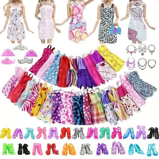 32-Piece Girl Doll Dress-Up Fashion Set – 10 Outfits, 10 Pairs of Shoes, 6 Crowns & 6 Necklaces, Multi-Color Random Style, Doll Wardrobe Accessories for Kids