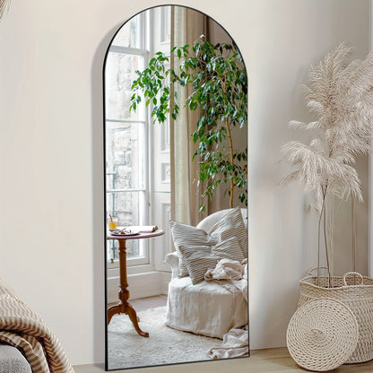 Miroir pleine longueur arqué avec support 64x21 / 59x16 pouces, miroir de sol en verre nano incassable avec cadre en alliage d'aluminium, miroir pleine longueur sur pied pour chambre, salon, vestiaire, décoration murale