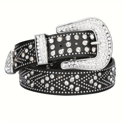 Studded Rhinestone Belt for Men & Women – Bling Y2K Western Cowboy Cowgirl Faux Leather Belt with Gold Metal Buckle, Punk Style, Sizes 28–44