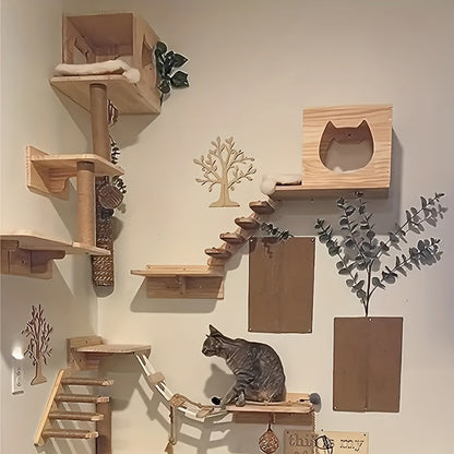 Arbre à chat mural en bois avec échelle en corde de sisal, mobilier d'intérieur pour chat, étagère d'escalade gain de place, centre d'activités pour chats d'intérieur