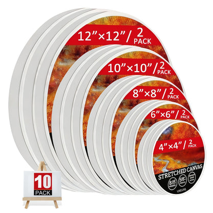 Lot de toiles tendues apprêtées en blanc, 100 % coton – Ensembles ronds, rectangulaires et carrés de 10, 15 et 20 pièces – Châssis entoilés d'artiste pour peinture acrylique, à l'huile, pouring et techniques mixtes