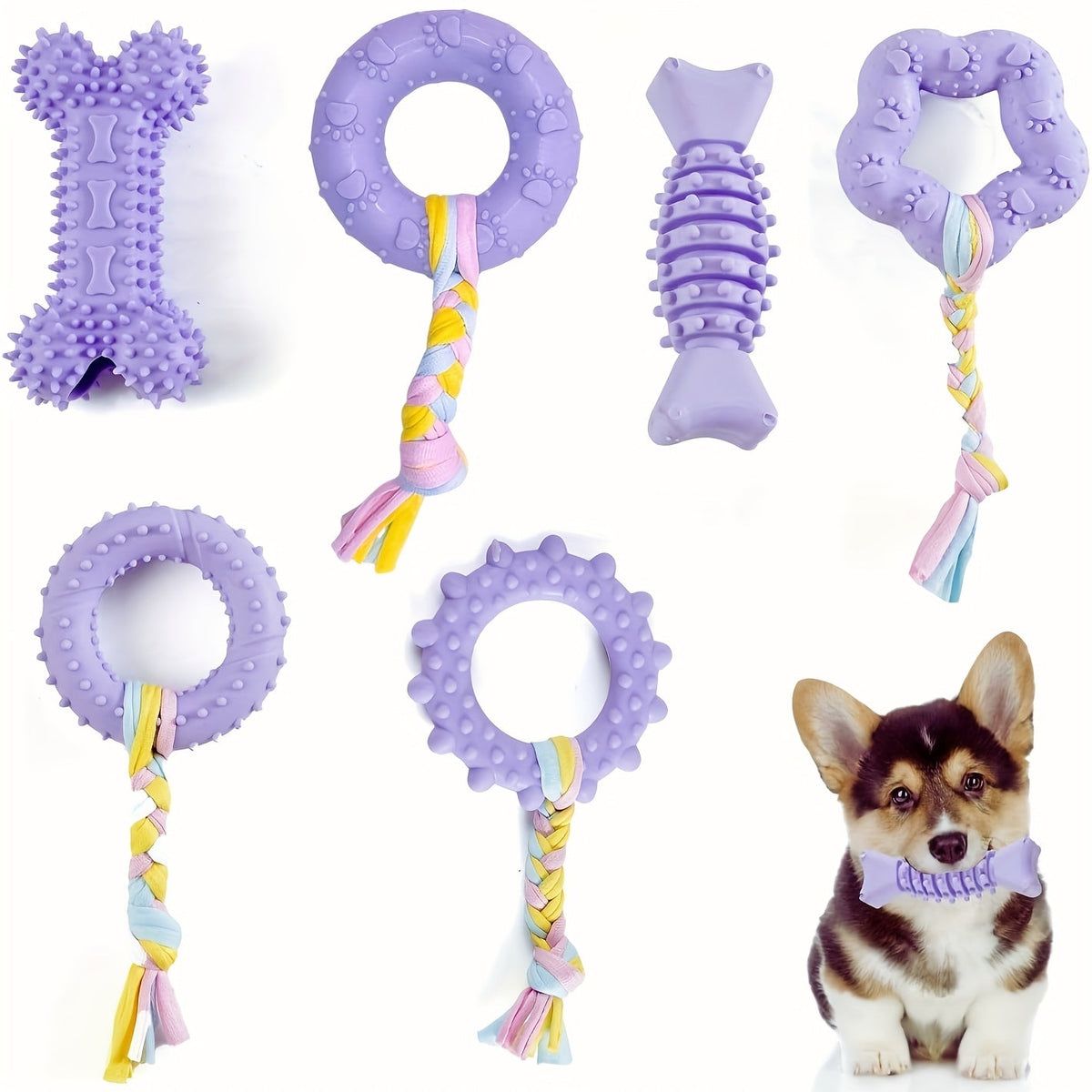 Jouets à mâcher souples en caoutchouc pour chien, lot de 6 – Jouets de dentition pour petits chiens, ensemble interactif de nettoyage des dents, 4 couleurs : violet, vert, bleu, rose