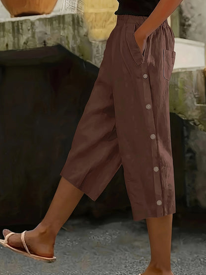 Women's Capri Pants Elastic Waist Button Decoration Casual All-Season Comfort Pants with Pockets Black Olive Green Navy Coffee Off-White S M L XL XXL