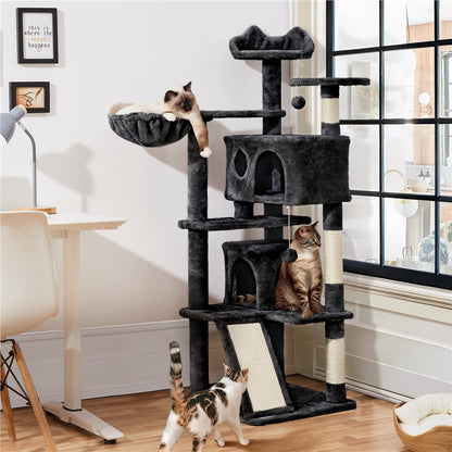 Arbre à chat multiniveaux de 145 cm avec 2 niches – poteaux à griffer en sisal, balle suspendue, plateforme ronde et échelle pour chatons et petits chats d'intérieur, 6 couleurs, cadeau de Noël pour les amoureux des chats