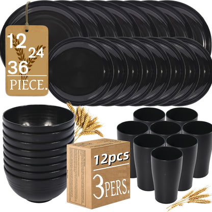 Service de vaisselle en paille de blé – Assiettes, bols et tasses écologiques et réutilisables, lavables au lave-vaisselle et compatibles micro-ondes, incassables, ensembles de 12/24/36 pièces pour le camping, les fêtes, l'extérieur et l'usage quotidien