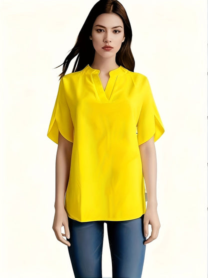 Chemisier ample à col en V et manches chauve-souris pour femme, haut pull uni - Style décontracté pour le travail au printemps, en été et en automne | Chemise légère et respirante