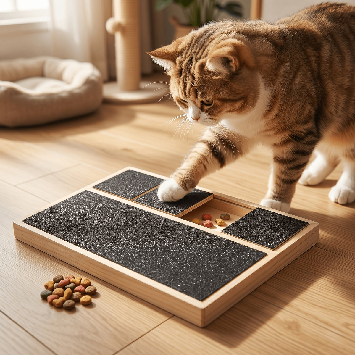 Distributeur de friandises 2-en-1 en bois pour chien et chat avec lime à griffes – Jouet interactif à alimentation lente à 6 compartiments et griffoir pour petits et moyens animaux, enrichissement comportemental et stimulation mentale