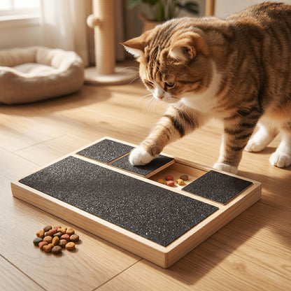 Distributeur de friandises 2-en-1 en bois pour chien et chat avec lime à griffes – Jouet interactif à alimentation lente à 6 compartiments et griffoir pour petits et moyens animaux, enrichissement comportemental et stimulation mentale