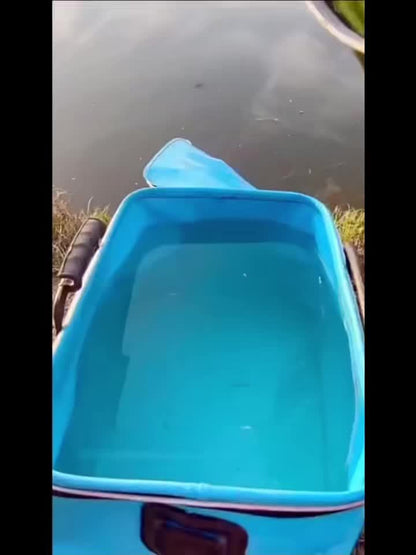 Seau de pêche pliable de 25 L – Conteneur à appâts vivants en EVA, sac de conservation de poissons multifonctionnel et portable pour la pêche à la carpe et en eau douce, cadeau pour homme (bleu/orange)