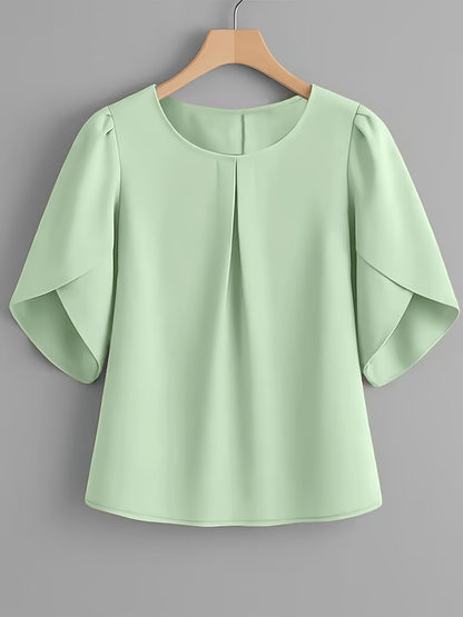 Chemisier femme à manches courtes, col rond, poignets à volants et plis sur la poitrine – Haut élégant en tissu 100 % polyester, semi-transparent, avec manches fendues