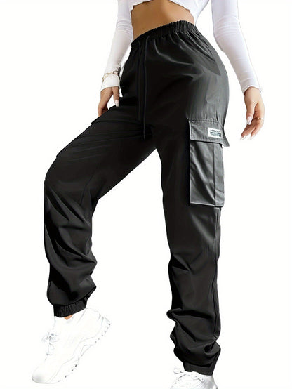 Pantalon cargo pour femme avec poches zippées – Taille élastique à cordon de serrage, grandes poches, pantalon décontracté pour l'extérieur, noir, gris, vert, bleu, XS-XXL