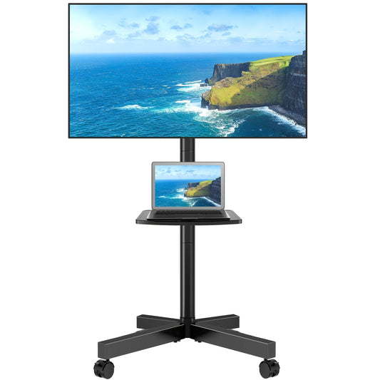 Support TV mobile sur roulettes pour téléviseurs de 23 à 60 pouces – Hauteur réglable, capacité de 40 kg, VESA 400x400, étagère multimédia, roulettes verrouillables à 360°, sans perçage mural, support TV mobile