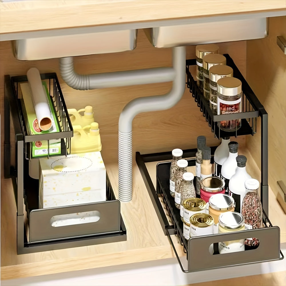 Organisateur sous évier avec étagère coulissante – Étagère de rangement en métal à deux niveaux pour cuisine, salle de bain, garde-manger et placard, organisateur de placard sous évier gain de place, disponible en lot de 1 et lot de 2
