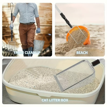 Pelle tamis de plage rétractable en acier inoxydable avec manche télescopique – Outil pour ramasser les coquillages, chercher des trésors et fouiller la plage sans se baisser | Sert aussi de pelle à litière pour chat (lot de 1 ou 2)