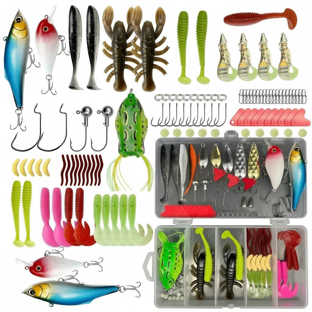 Kit de pêche de 133 pièces avec cuillers, leurres articulés, têtes plombées, plombs, hameçons et boîte de rangement – Ensemble complet pour débutants en eau douce pour la pêche au bar, à la truite et aux poissons-pan.