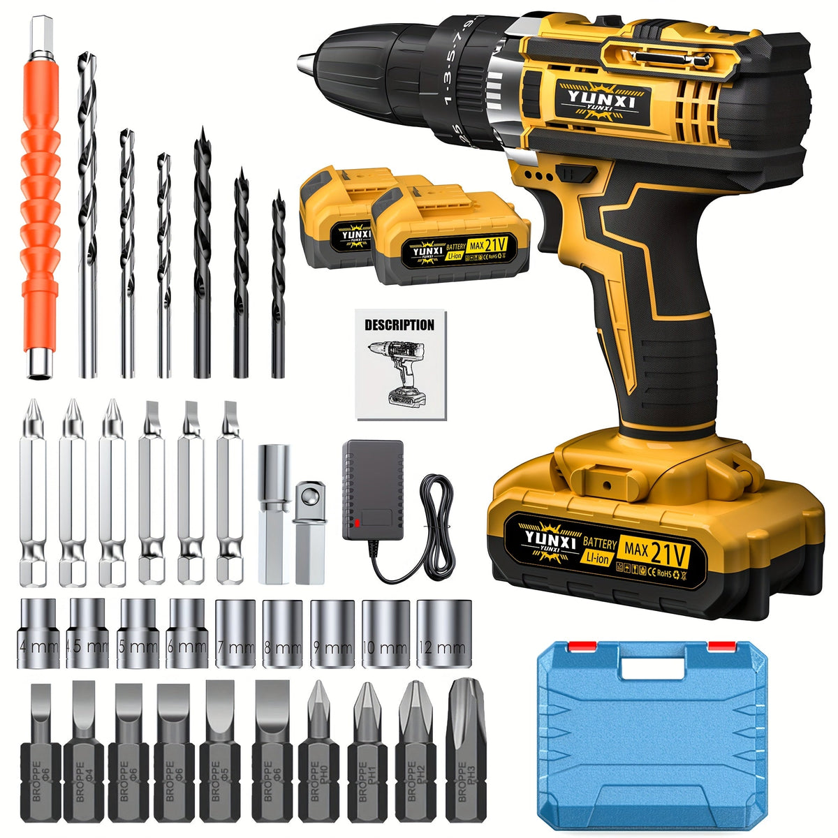 Ensemble clé à chocs et perceuse sans fil brushless 21V – Batterie Li-ion 4000mAh, boîte à outils, chargeur et accessoires de douilles pour usage automobile, domestique et industriel