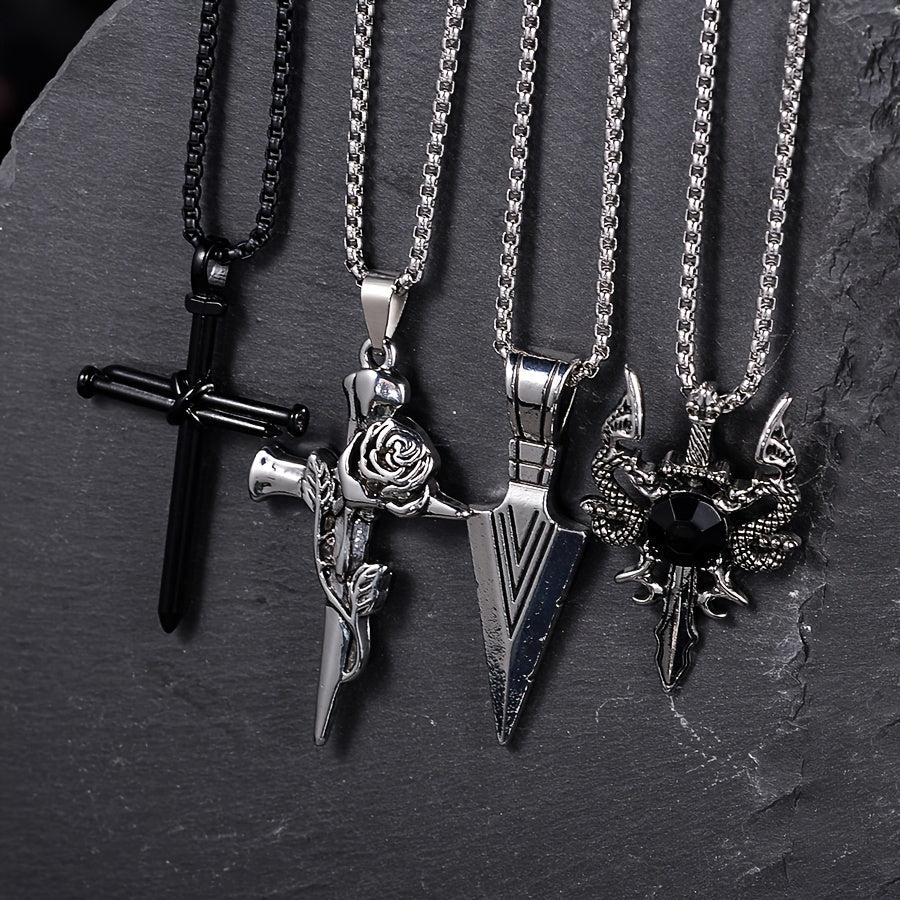 Lot de 8 colliers punk noirs pour homme – Chaînes à pendentif croix en acier inoxydable, bijoux streetwear gothiques, colliers superposés tendance pour homme, coffret cadeau style mixte