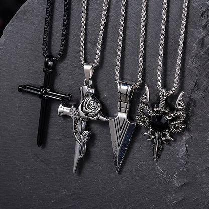 Lot de 8 colliers punk noirs pour homme – Chaînes à pendentif croix en acier inoxydable, bijoux streetwear gothiques, colliers superposés tendance pour homme, coffret cadeau style mixte