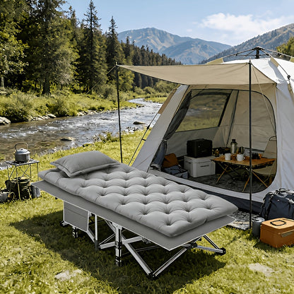 Lit de camp pliant portatif pour adultes - Tissu Oxford double épaisseur, très résistant 225/270/320 kg, lit de camping extérieur pliable avec sac de transport pour la plage, la sieste, les voyages, noir et gris