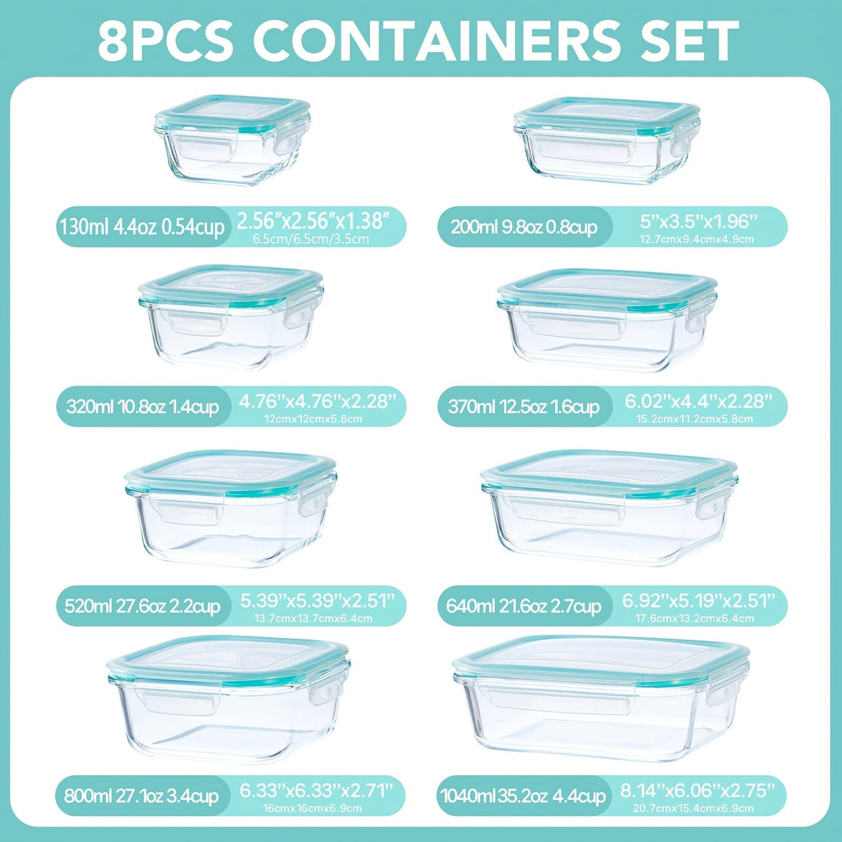 Lot de 8 récipients de conservation en verre avec couvercles – Boîtes de préparation de repas hermétiques en verre borosilicaté, compatibles four, micro-ondes et lave-vaisselle, rangement de cuisine empilable pour restes et déjeuners