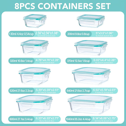 Lot de 8 récipients de conservation en verre avec couvercles – Boîtes de préparation de repas hermétiques en verre borosilicaté, compatibles four, micro-ondes et lave-vaisselle, rangement de cuisine empilable pour restes et déjeuners
