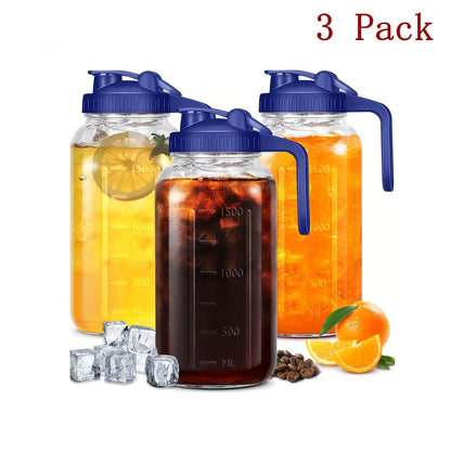 Bocal Mason de 1,9 L (64 oz) avec anse et couvercle – Carafe à boisson en verre borosilicaté de haute qualité sans BPA, étanche, lot de 2/3, pour le sport, l'extérieur, jus, eau, kombucha, cadeau de fête