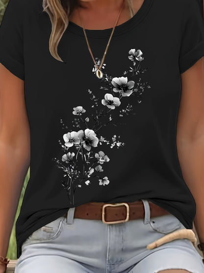 T-shirt pour femme à motif floral aquarelle – Haut décontracté élégant à col rond et manches courtes pour le printemps et l'été