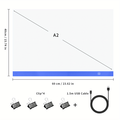 Tablette lumineuse de traçage LED A2 – Table lumineuse ultra-fine à contrôle tactile variable pour peinture au diamant, croquis, animation, transfert de tatouage et streaming, alimentée par USB, LED respectueuses des yeux, compatible Mac/PC | Velora