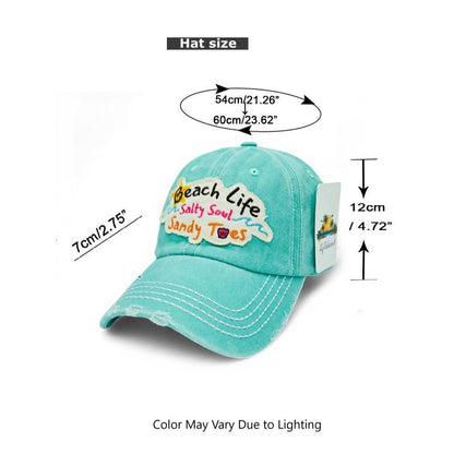 Casquette de baseball brodée, style vintage effet usé, motif « Beach Life Salty Soul Sandy Toes » – Design d'artiste local, 100 % coton, protection UV, réglable, chapeau de soleil côtier, cadeau pour amoureux de la plage