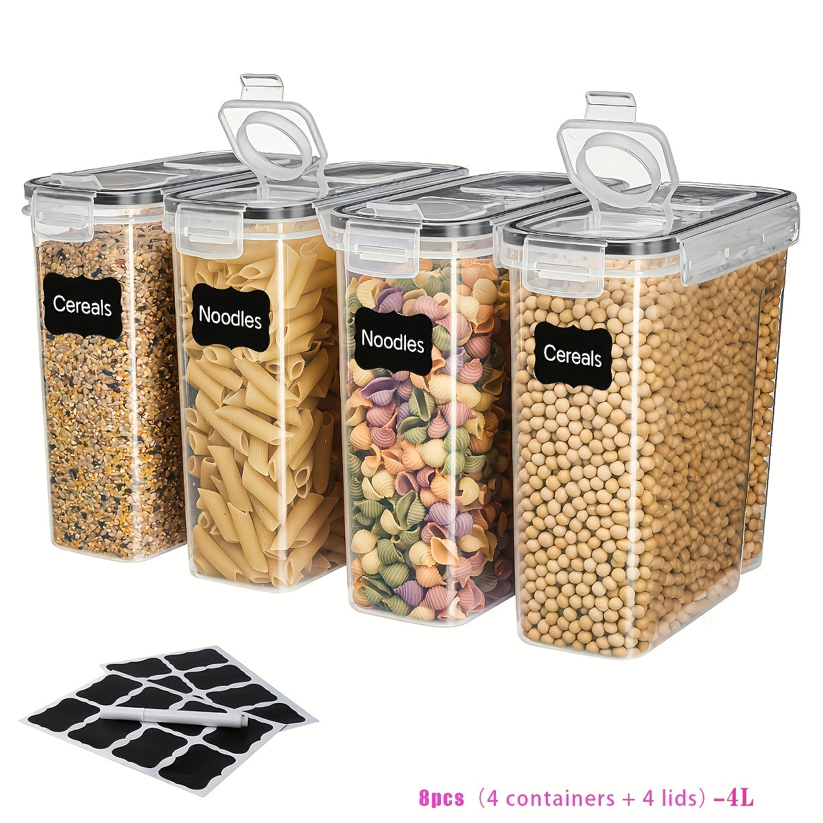 Lot de 8 récipients de stockage alimentaire transparents avec couvercles (4 bocaux + 4 couvercles, 4 L) – Boîtes de cuisine hermétiques anti-humidité pour céréales, riz, grains de café, noix, thé, sel et épices